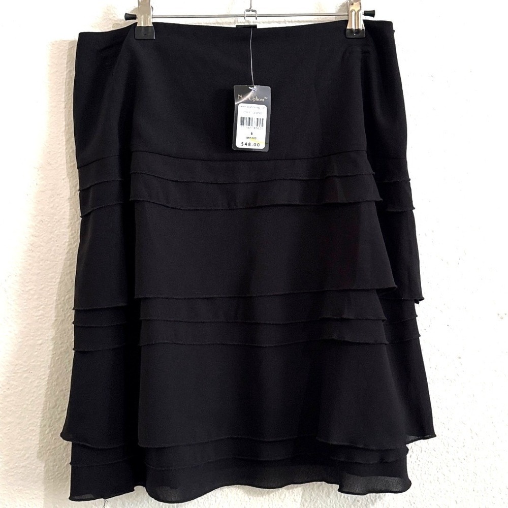 Nue Options Black Tiered Ruffle Knee Length Skirt G6U002 Misses 6 NEW